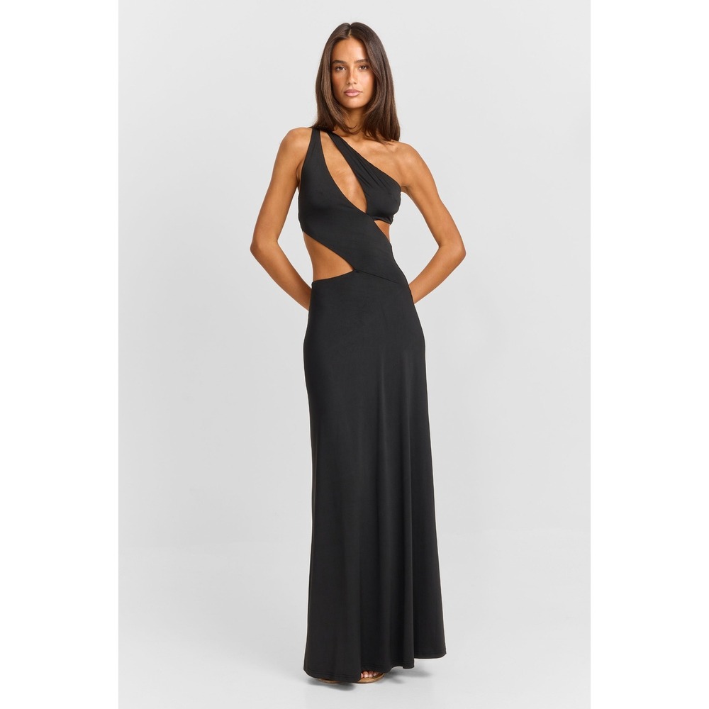 Sasha Therese Selene Maxi Dress Black One Shoulder Cutout Gown Size M NWT